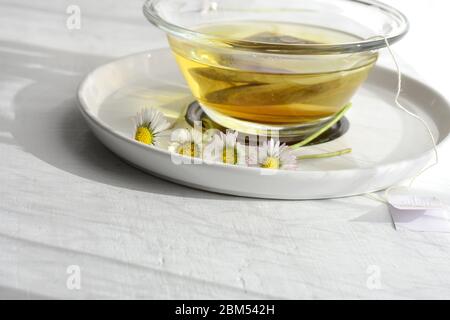 Tasse Kamillentee mit Kamillenblumen auf weißer Holzoberfläche/ Gesunder Kräutertee an weißem Holztisch/ Closeup Stillleben Lebensmittelfotografie Stockfoto