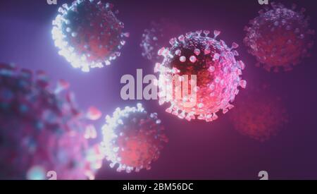 Konzept des mehrfachen Covid 19 Coronavirus auf purpurem Hintergrund. 3d-Darstellung. Stockfoto