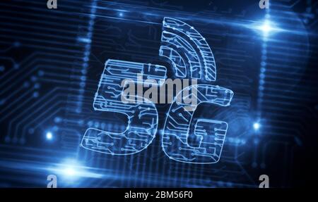 5G, futuristische Technologie, moderne Kommunikation und iot. Handy-Netzwerk Produktionslinie abstrakt 3d-Rendering Illustration. Prozessor werkseitige wi Stockfoto