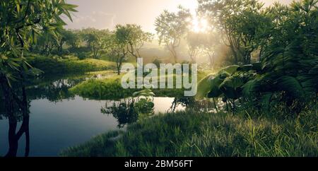 Frische grüne Paradieslandschaft - amazonas tropische Regenwald-Umgebung mit ruhigen Fluss in schönem Sonnenuntergang Licht. 3d-Rendering. Stockfoto