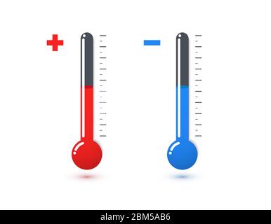 Vektorgrafik für Quecksilberthermometer in Rot und Blau. Symbole für Temperatursensoren für heiße und kalte Temperaturen. Chemische Reagenzgläser, chemische Experimentiselemente. Stock Vektor