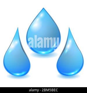 Setzen Sie Vektor blauen Wassertropfen isoliert auf weißem Hintergrund. Fallende gebogene Tropfenabfälle. Realistische 3D-Darstellung. Stock Vektor