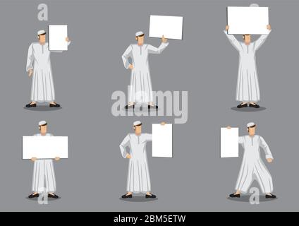 Set von sechs Vektor-Illustration der Zeichentrickfigur des muslimischen Mannes in traditionellen weißen Robe Kostüm und Totenkopf mit leerem Plakat mit Kopie Raum Stock Vektor