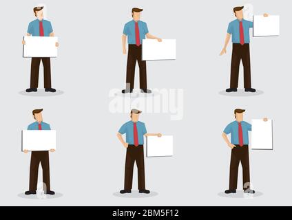 Set von sechs Vektor-Cartoon-Charakter Illustrationen von einem männlichen weißen Kragen Arbeiter halten Plakat Zeichen mit Kopie Raum isoliert auf einfachem Hintergrund. Stock Vektor