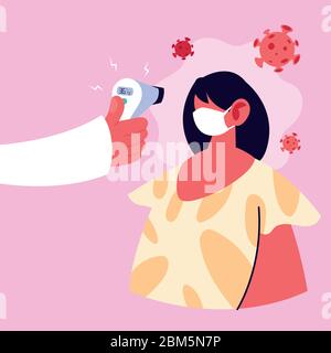 Arzt misst die Temperatur einer Frau in einer medizinischen Maske, Coronavirus Prävention Vektor Illustration Design Stock Vektor