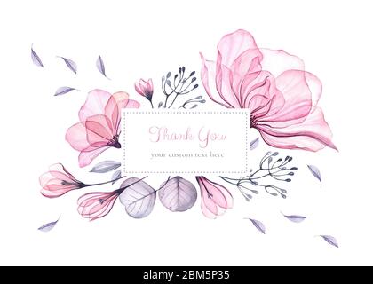 Aquarell floral Vielen Dank Kartenvorlage. Bouquet mit großen rosa Rosen und benutzerdefinierte Text. Isolierte handgezeichnete Illustration mit abstraktem Hintergrund für Stockfoto