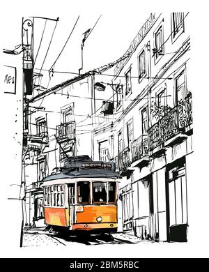 Straßenansicht mit berühmten alten Straßenbahn in Lissabon Stadt, Portugal - Vektor-Illustration (ideal für den Druck auf Stoff oder Papier, Poster oder Tapete, Haus dec Stock Vektor