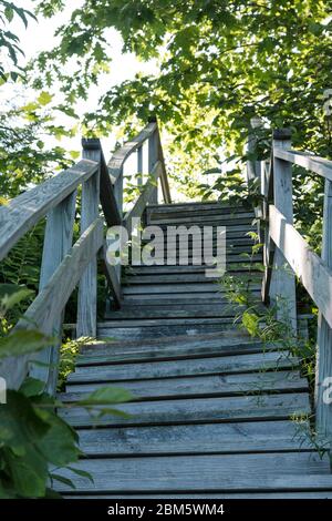 Eine alte Holztreppe ist in die Klippe eingebaut, um Besuchern zu ermöglichen, zum Wasser auf einem felsigen Strand in Camden Maine zu gehen Stockfoto