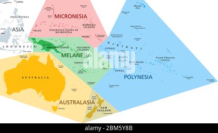 Regionen von Ozeanien, politische Karte. Geographische Regionen, südöstlich der asiatisch-pazifischen Region einschließlich Australasien, Melanesien, Mikronesien und Polynesien. Stockfoto