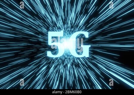 3D Illustration des Marketings die 5G Kommunikationstechnologie der fünften Generation auf digitalem blauem und schwarzem Hintergrund Stockfoto