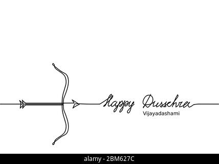 Glückliche Dussehra Bogen Skizze mit Pfeil. Schwarz-Weiß einfaches Web-Banner, Hintergrund. Happy Dussehra Text, Schriftzug Stock Vektor