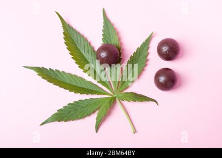 Cannabis-Schokolade und grünes Blatt auf rosa Hintergrund.Medizinische Marihuana-Kaffee-Süßigkeiten, Stimmung und Entspannung zu verbessern. Stockfoto