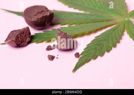 Schokolade Süßigkeiten mit THC-Gehalt auf rosa Hintergrund. Marihuana-Lebensmittel, Freizeit weiche Drogen. Stockfoto