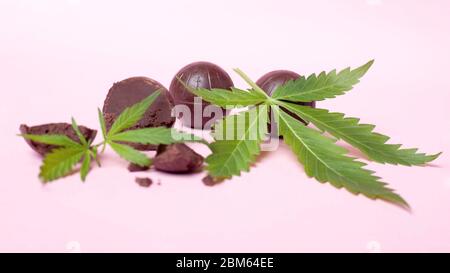 Cannabis-Schokolade und grünes Blatt auf rosa Hintergrund.Medizinische Marihuana-Kaffee-Süßigkeiten, Stimmung und Entspannung zu verbessern. Stockfoto