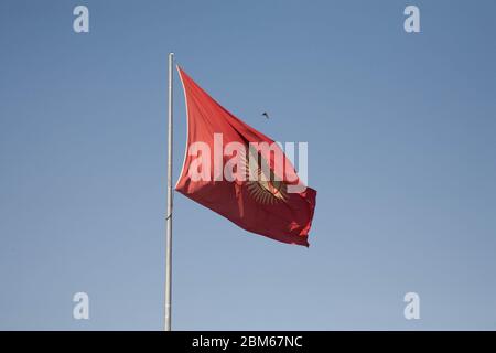 Die Flagge Kirgisistans - ein rotes Feld mit einer gelben Sonne aufgeladen. Nahaufnahme. Blauer Himmel. Fliegender Vogel. Stockfoto