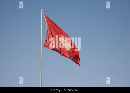 Die Flagge Kirgisistans - ein rotes Feld mit einer gelben Sonne aufgeladen. Nahaufnahme. Blauer Himmel. Fliegender Vogel. Stockfoto