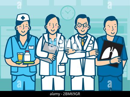 Team von asiatischen Ärzten und Krankenschwestern auf einem Krankenhaus Hintergrund. Vektorgrafik in 2D-Flat-Stil. Stock Vektor