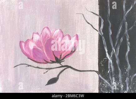 Magnolie, Aquarell Illustration. Blüte Blüten von Magnolien auf Ast mit Textur in der Graustufe. Könnte für Drucke, T-Shirts, Postkarten etc. Verwendet werden Stockfoto