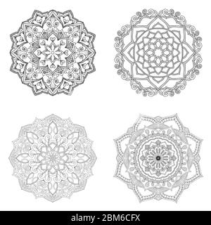 Bleiben Sie zu Hause und entspannen Sie sich mit Mandala runden Blumenschmuck. Dekoratives Designelement. Schwarz-Weiß Umriss Vektor Illustration für Malbuch Stock Vektor