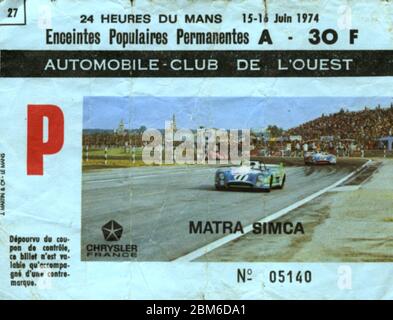 Eintrittskarte für das 24-Stunden-Rennen von Le Mans 1974, Le Mans, Frankreich, EU - 15-16. Juni 1974 Stockfoto