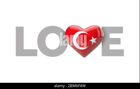 Liebe Türkei Herz-förmige Flagge mit Liebe Wort. 3D-Rendering Stockfoto