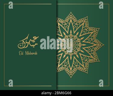 Happy eid mubarak Grußkarten Design. Monat des Fastens für Muslime. Übersetzt: Islamischer Feiertag. Mit arabischer Kalligraphie und Mandala-Muster Stock Vektor