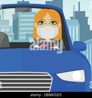 Auto weiblich weiß blonde mit Maske weißen Handschuhen halten Lenkrad in blauem Auto mit Stadt im Hintergrund. Stock Vektor
