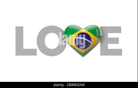 Liebe Brasilien Herz-förmige Flagge mit Liebe Wort. 3D-Rendering Stockfoto