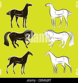 Pferde Silhouetten Set. Anmutige Tiere stehen einander gegenüber. Gruppe von anmutigen schwarz-weißen Hengsten. Vektor-Illustration auf Birne Farbe Bac Stock Vektor
