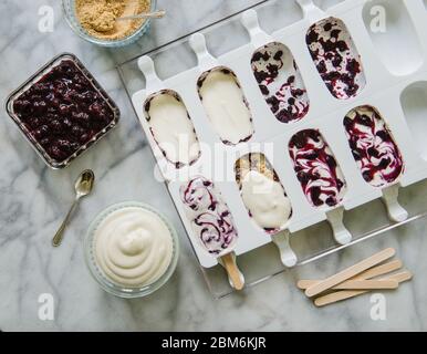 Mops mit Heidelbeermarmelade, Frischkäse und graham Cracker Krümel Stockfoto