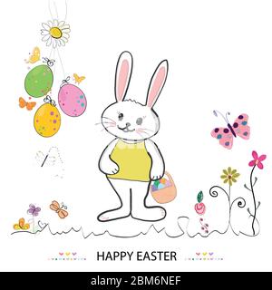 Bunte Happy Easter Grußkarte mit niedlichen Hasen, Blumen und hängenden Eiern Vektor background.eps Stock Vektor