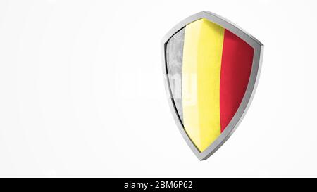 Schutzschild und Schutzkonzept. Glänzende Stahlpanzerung als belgische Nationalflagge lackiert. Symbol für Sicherheitskennzeichen. Datenschutzbanner. Sicherheitsetikett Stockfoto