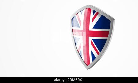 Schutzschild und Schutzkonzept. Glänzende Stahlpanzerung als britische Nationalflagge bemalt. Symbol für Sicherheitskennzeichen. Datenschutzbanner. Sicherheitsetikett Stockfoto