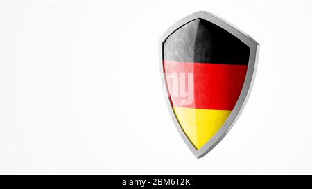 Schutzschild und Schutzkonzept. Glänzende Stahlpanzerung als deutsche Nationalflagge lackiert. Symbol für Sicherheitskennzeichen. Datenschutzbanner. Sicherheitsetikett Stockfoto