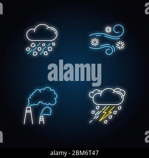 Neonlicht-Symbole für schlechte Wetterprognosen gesetzt Stock Vektor