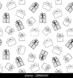 Doodle Geschenk-Boxen nahtlose Muster. Vektor Hand gezeichnet Skizze präsentiert Hintergrund für Geschenkpapier, Malbuch Stock Vektor
