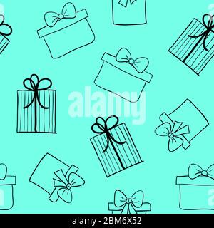 Hand gezeichnete Geschenkboxen nahtloses Muster. Vektor türkis Hintergrund mit Skizze präsentiert Stock Vektor
