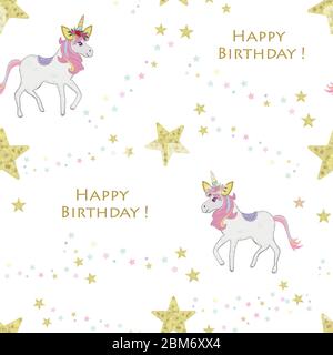 Einhorn Pferd mit leuchtenden Sternen. Happy Birthday Text mit pastellfarbenen Sternen. Nahtloses Materialmuster Stock Vektor