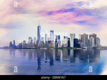 Digitale Pastellmalerei eines Panoramas von Manhattan in New York City vom Hudson River Stockfoto