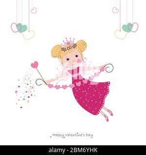 Süße Liebe Märchen hält hängenden rosa Herzen und Zauberstab. Alles Liebe zum Valentinstag Stock Vektor
