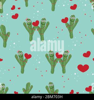 Kaktus-Paar mit leuchtend roten Herzen. Kaktus und Herz nahtloses Muster für textiles Design. Happy Valentine's Day Hintergrund Wallpaper Stock Vektor