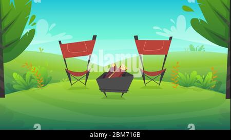 Grünes Gras Grill im Park oder Wald Bäume und Sträucher Blumen Landschaft Hintergrund, Natur Rasen Ökologie Frieden Vektor Illustration von Wald nat Stock Vektor