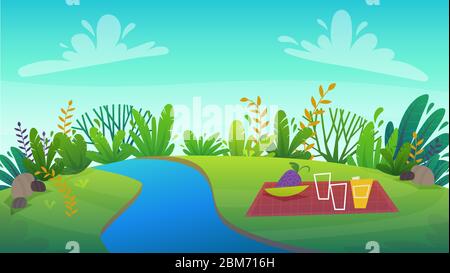 Grünes Gras Wiese mit Fluss im Park oder Wald Bäume und Sträucher Blumen Landschaft Hintergrund, Natur Rasen Ökologie Frieden Vektor Illustration von Wald Stock Vektor