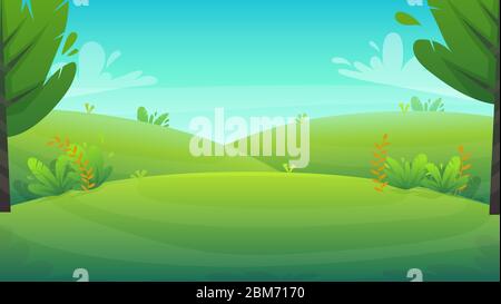 Grünes Gras Wiese im Park oder Wald Bäume und Sträucher Blumen Landschaft Hintergrund, Natur Rasen Ökologie Frieden Vektor Illustration von Wald Natur happ Stock Vektor