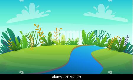 Grünes Gras Wiese mit Fluss im Park oder Wald Bäume und Sträucher Blumen Landschaft Hintergrund, Natur Rasen Ökologie Frieden Vektor Illustration von Wald Stock Vektor
