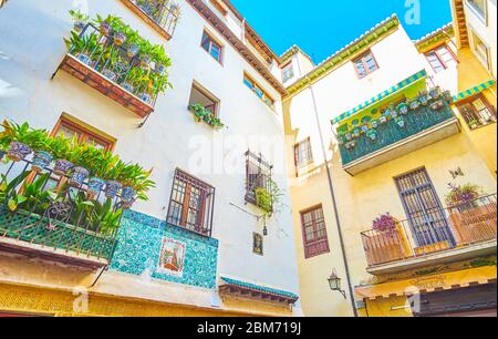 GRANADA, SPANIEN - 27. SEPTEMBER 2019: Hof des Wohnhauses, mit Pflanzen auf Balkonen und Fliesenmuster mit unserer Lieben Frau der Angst (Nuestra Sen Stockfoto