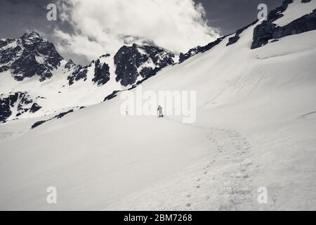 Wanderer in Schneeschuhen mit Hund in hohen schneebedeckten Berg an grauen Tag. Türkei, Kachkar Berge, höchster Teil der Pontic Berge. Schwarz-weiße Retro-Tonne Stockfoto