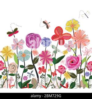 Frühlingswiesenblumen und Libelle. Abstrakte exotische Blumen. Nahtloses Blumenmuster Stock Vektor