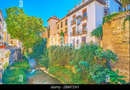 GRANADA, SPANIEN - 25. SEPTEMBER 2019: Die üppige Vegetation in der Schlucht des Flusses Darro, die sich entlang der Carrera del Darro Straße im Albaicin Viertel von Old erstreckt Stockfoto