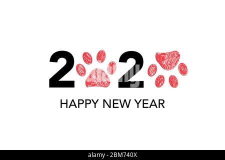 Frohe Neujahr Grußkarte mit 2020 Text und Doodle rote Pfoten Drucke. Stock Vektor